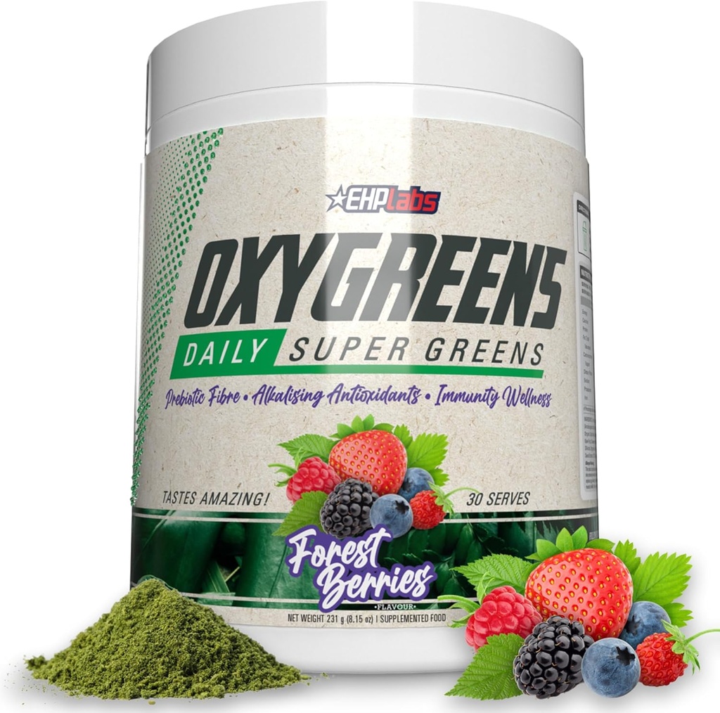 EHP Labs Oxygreens Super Greens Powder - Daily Greens & Superfood Suplement with Spirulina, Chlorella, Pregories, Digevical Enzymes, Antioksidants - 30 Pelayan (Forest Berries)