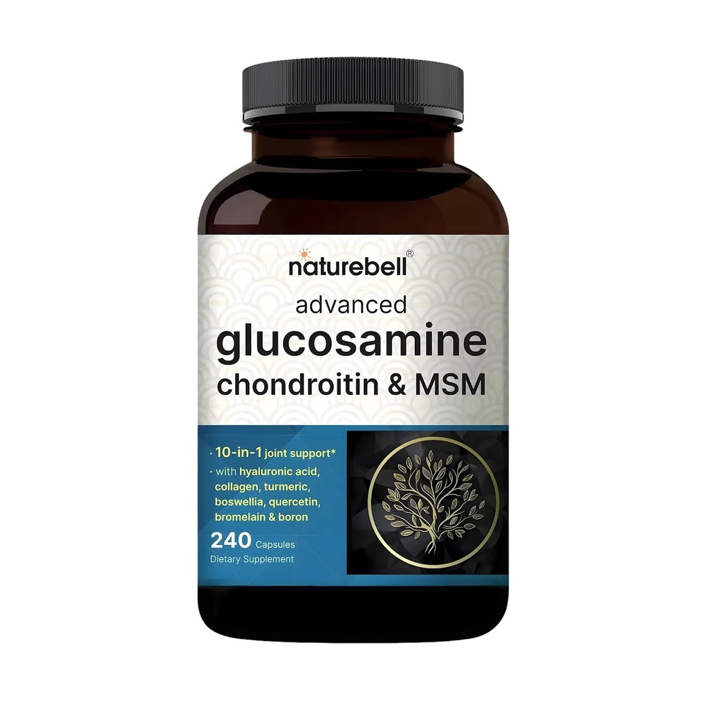 NatureBell Advanced Glucosamin Chondroitin MSM Suplement, 240 Capsules 124; 10- 1 Complex Dukungan Bersama - dengan Acid Hyaluronic, Collagen, Turmeric, Bosbellia, & More - Non-GMO