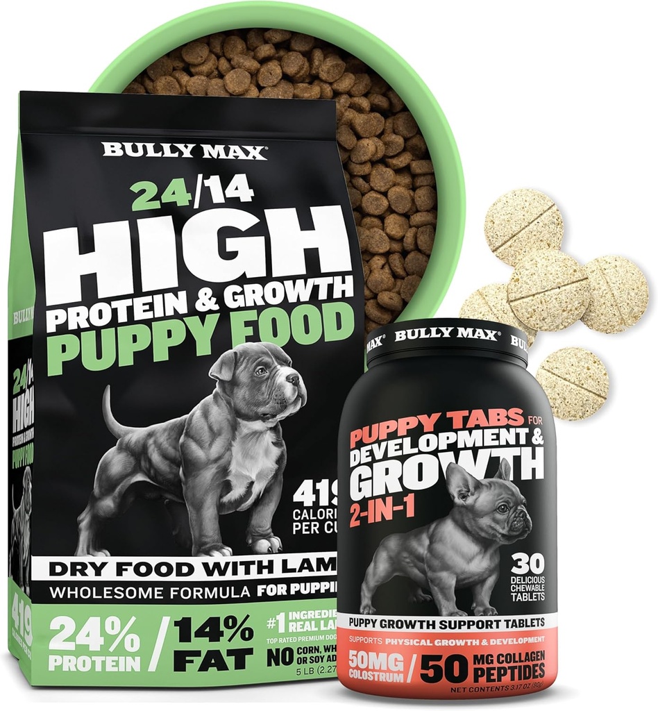 Bully Max 24 / 14 High Protein Puppy Food (5lbs.) dan Puppy Vitamin (30 tab yang bisa dikunyah) untuk Pengembangan & Growth Bundle - Otot, Imune, Bone Digetical Duppies