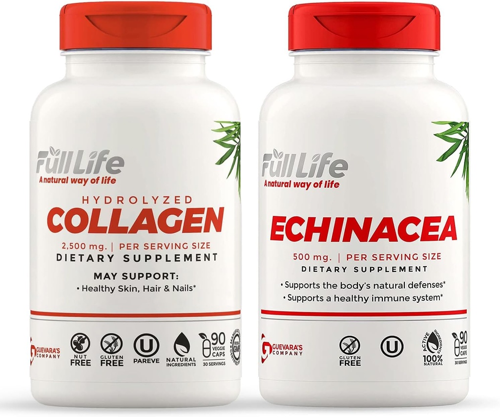 Full Life Hydrolyzed Collagen dan Echinacea Capsules - Suplemen Dietary - Bovine Collagen Pil untuk Perempuan dan Pria - Echinacea Purpurea Ektract, Gluten- Free - 90 Veggie Capsules Masing-masing
