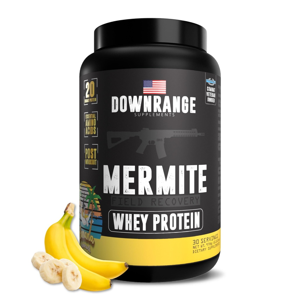 DownRange Mermite Whey Protein Powder, Post Workout Muscle Recovery and Energy Support, Drink Mix Suplement with 20g Whey Protein, 9g Amino Acid, 30 Servis (Pisang)