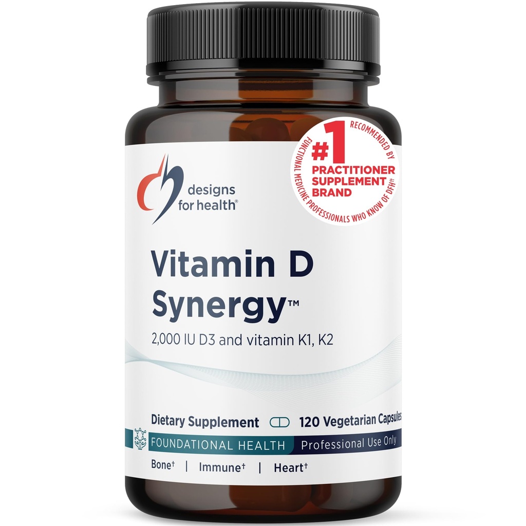 Desain untuk Kesehatan Vitamin D Synergy - 2000 IU Vitamin D dengan K Suplemen - Pendukung Mood yang Sehat, Kesehatan Tulang + Kebal untuk Dewasa - VIT D3 + Vitamin K - Gluten + Nor-GMO (120 Capsules)