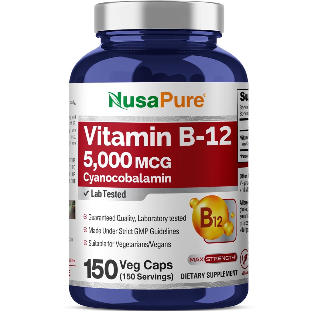 NusaPure Vitamin B12-5000 MCG 150 Veggie Capsules (Non- GMO, Vegan) - Max Power Vitamin B12