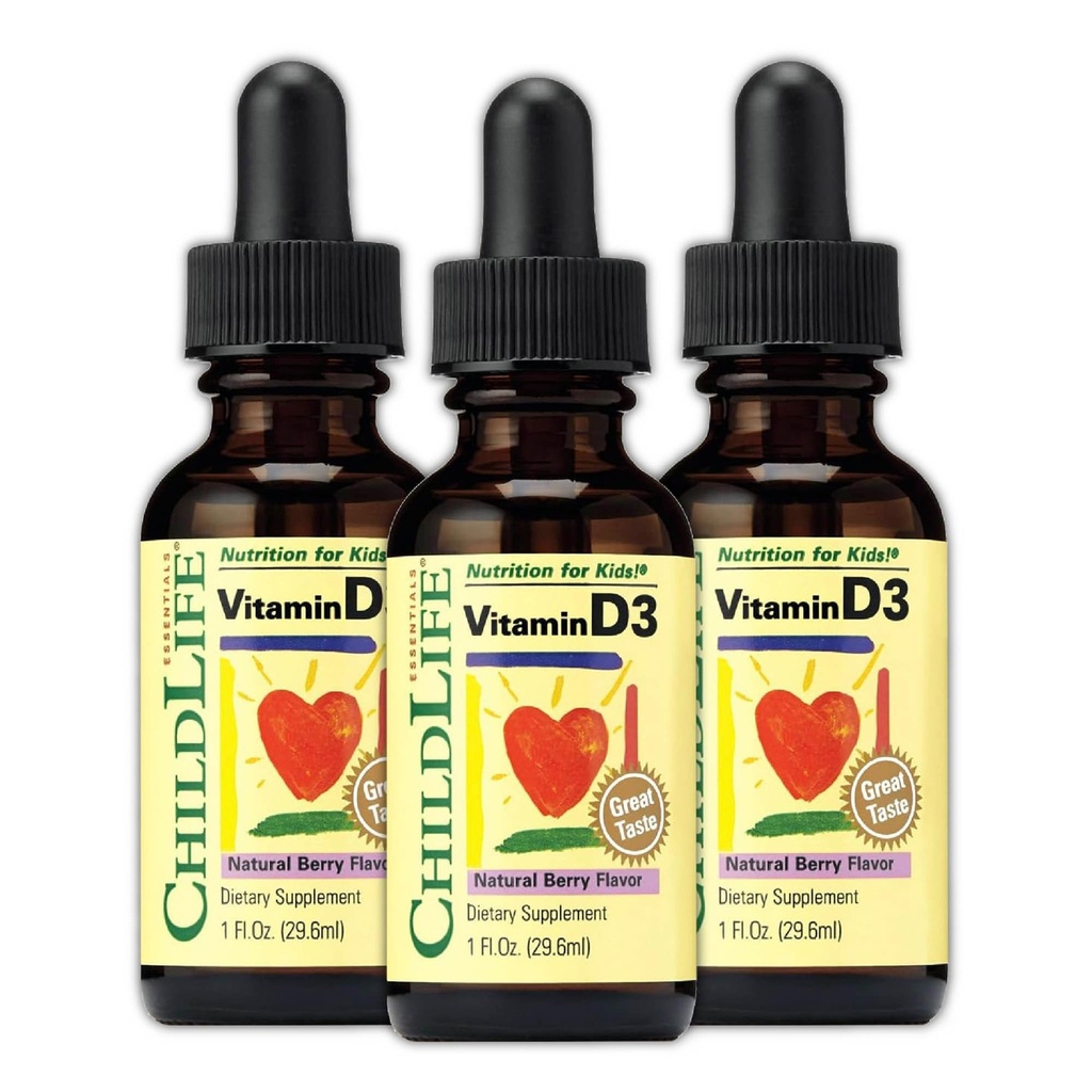CHILDLIFE ESSENTIALS Vitamin D3 Drops for Children, Children, & Toddlers - Liquid Vitamin D Drops, 500 IU per Drop, Imune & Bone Health Support, Natural Berry - 1 Fl Oz (Paket 3)