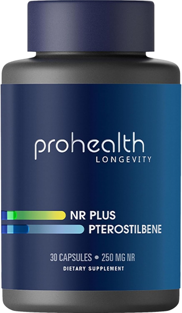 ProHealth NR + Pterostilbene. Promoses Umur-panjang, Energi, dan Penuaan Sehat. Perlindungan Hati + Kesehatan Otak. Mendukung Perbaikan Sel. 250mg Niagen Nicotinamide Riboside + 40mg Pterostilbene, 30 Caps
