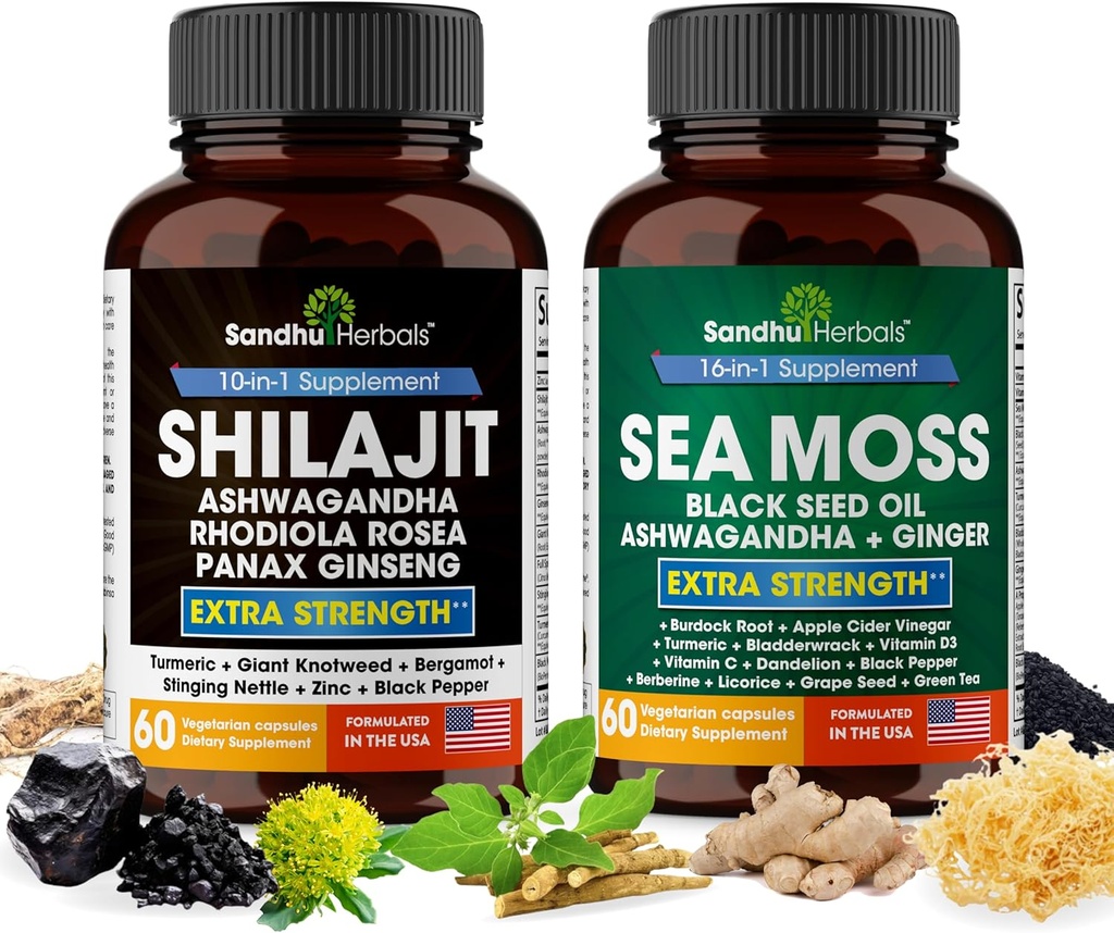 SANDHUHERBALIS Sandhu Herbals Bundle - Sea Moss, Shilajit, Black Seed Oil, Ashwagandha, Ginger, Rhodiola Rosea, Panax Ginseng, Shinging Nettle