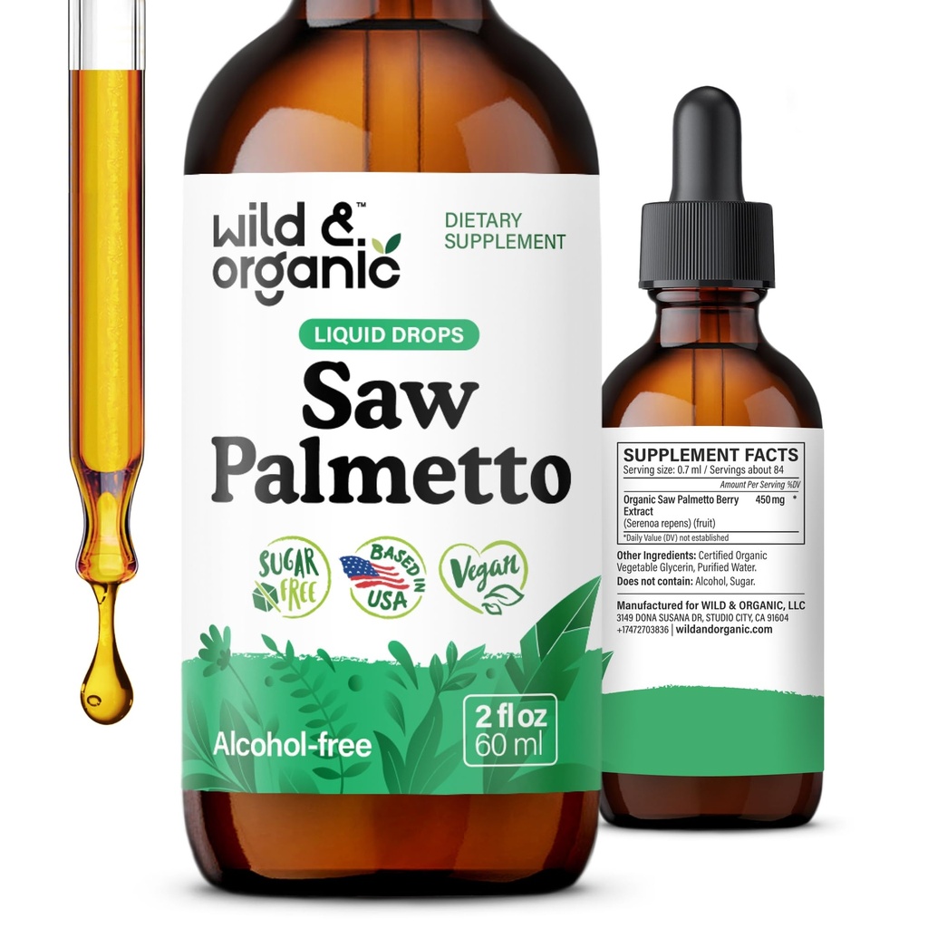 Wild & Organic Saw Palmetto Extract Drops - Urinary Support - Saw Palmetto for Men & Women - Liquid Serenoa Repens Suplemen - Vegan, Sugar & Alcohol- Free - 2 fl oz