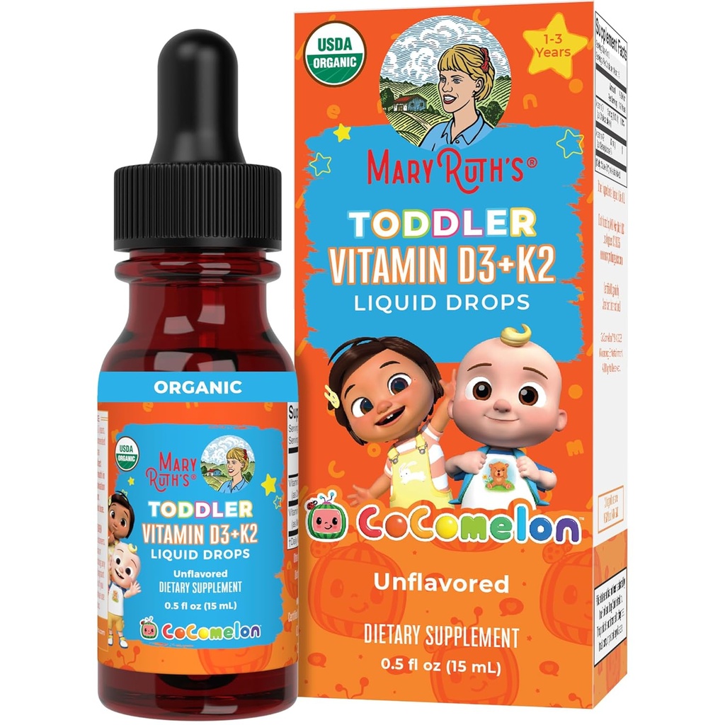 MaryRuth Organics CoComelon Vitamin D3 K2 Liquid Drops for Toddlers 124; Vitamin K2 D3 Suplemen untuk Anak-anak Ages 1-3: Calcium Absorcic 124; Bones Kuat 124; USDA Organik 124; Gula Bebas 124; 15 mL