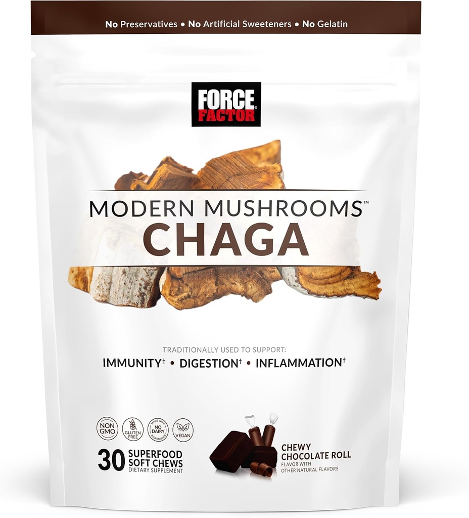 ForCE FacTOR Modern Mushroom Soft Chews, Chaga Mushroom Supplement to Dupport Immunity, Ditraffic Health, Antiokidants Supplemen Chocolate Roll Flavor, 30 Soft Chews