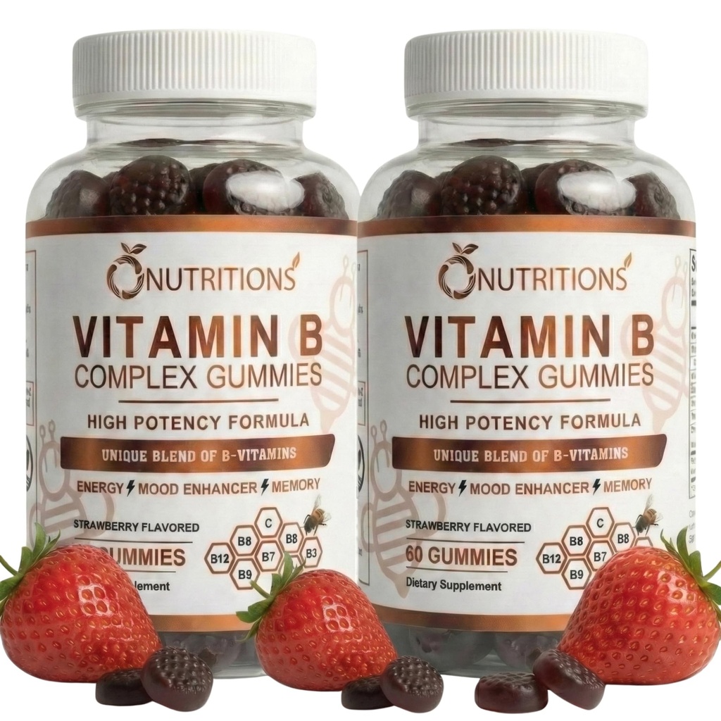 O NUTRITITIONS Vitamin B Kompleks Vegan Gummies dengan Vitamin B12, B7 sebagai Biotin, B6, Niasin, B6, B8, B9 sebagai Felope untuk Stress, Energi dan Healthy Immune System (2 Pack)