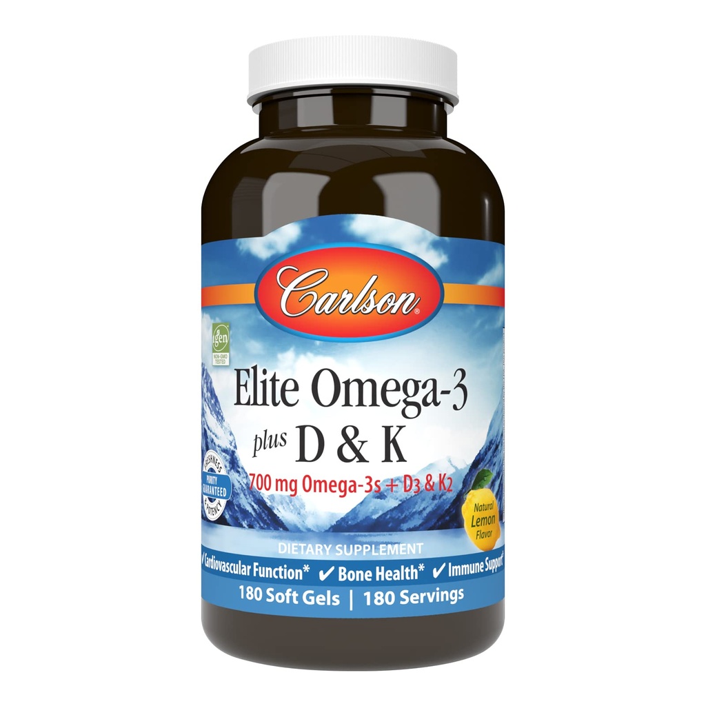 Carlson - Elite Omega-3 Plus D & K, 700 mg Omega-3s + D3 & K2, Fungsi, Kesehatan Tulang & Imune Dukungan, Lemon, 180 Softgels
