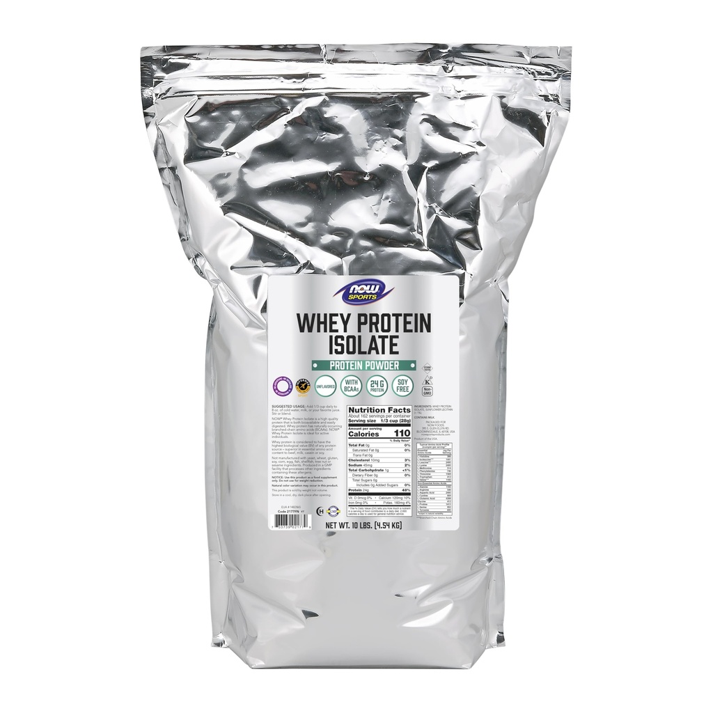 NOW Foods Sports Nutition, Whiy Protein Isolate, 25 g With BCAAs, Unflashored powder, 10- Pound
