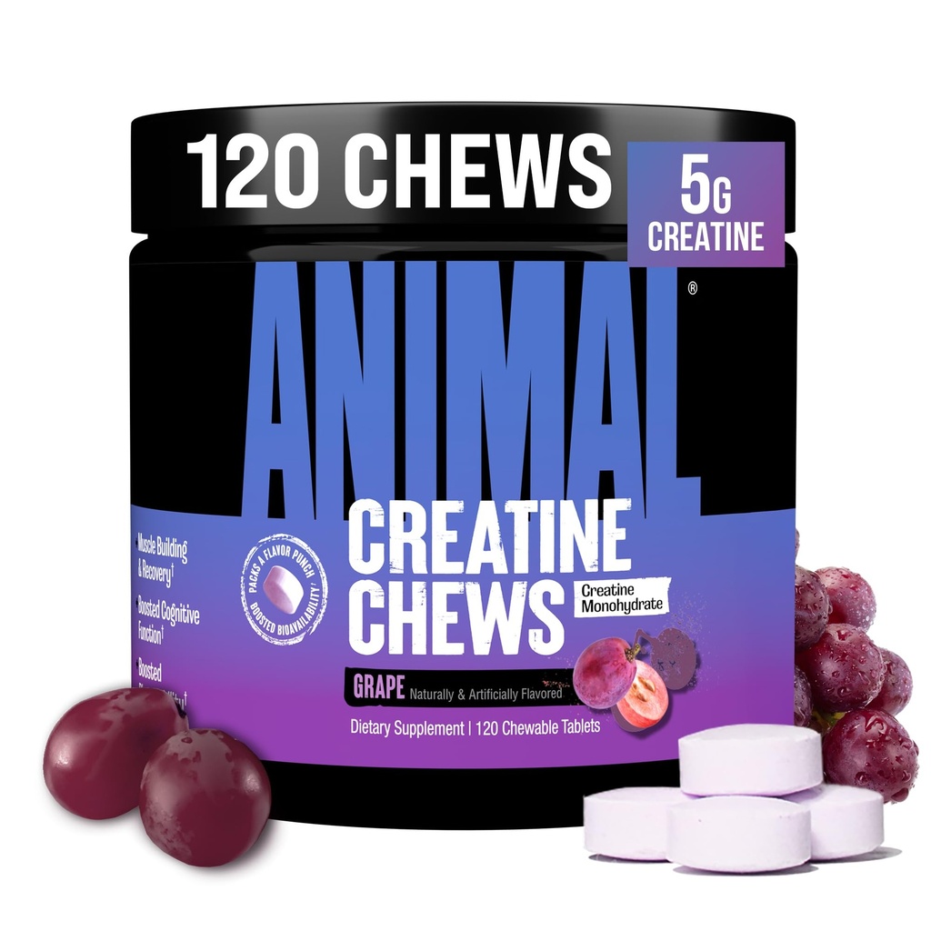 Animal Creatine Chews Tablet - Enhanced Creatine Monohydrate with AstraGin to Impreve Absorpsi, Sea Salt for Added Pumps, Delicious and Convenient Chewable Tablet - Grape