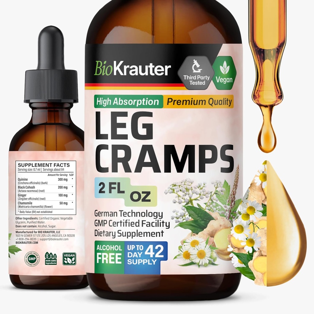 BIO KRAUTER Leg Cramps dengan Quinine - Ginger & Chamomile Liquid Extrates for Leg Cramps - Alkohol Alam & Gula Free Formula - Vegan Drops 2 Fl.Oz.