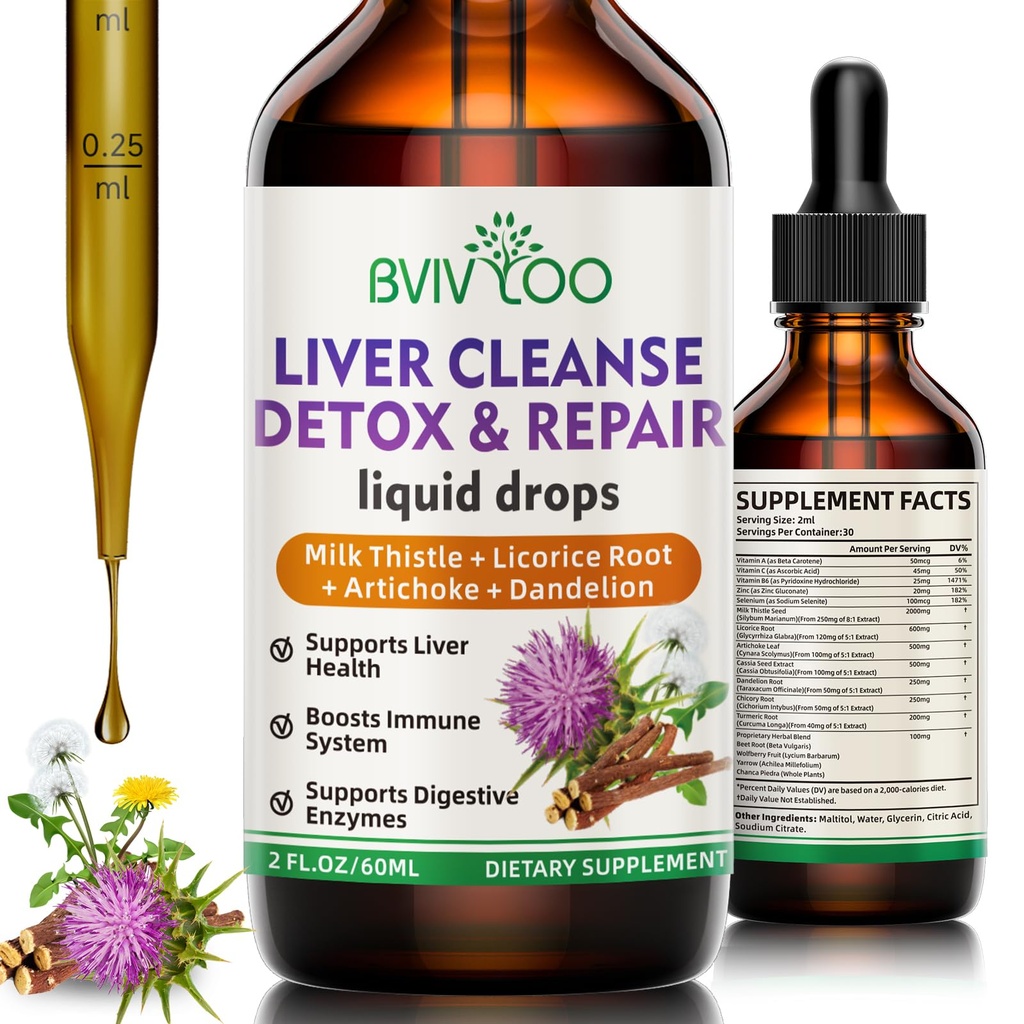 Liver Cleanse Detox & Repair Liquid Drops - 2000mg Milk Thistle, Dandelion Root, Artichoke, Silymarin Extract, & Turmeric Herbs - Vegan, Non-GMO - 2 Fl Oz (60ml) Botol