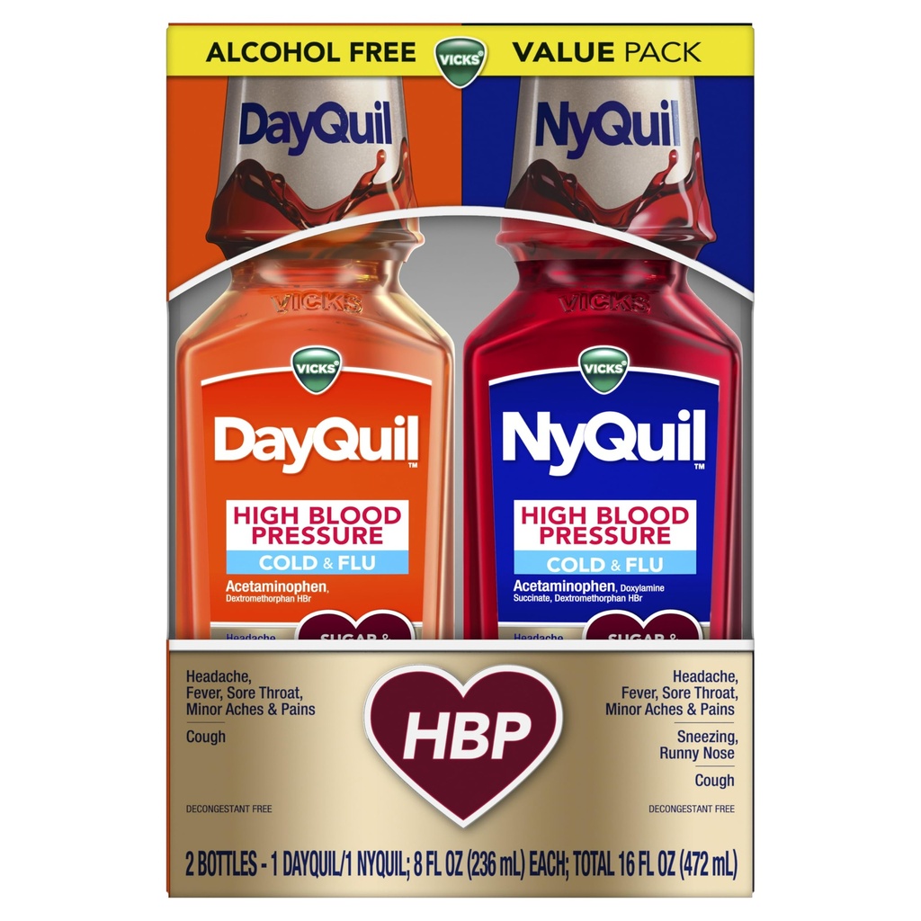 VICKS DayQuil & NyQuil High Pressure Cold & Flu Relief Cair Co-Pack, powerful Multiple Symptom Daytime & Nighttime Relief for Cold, Cough, and Flu Sympories, Sugar & Hour Free, 2x8oz
