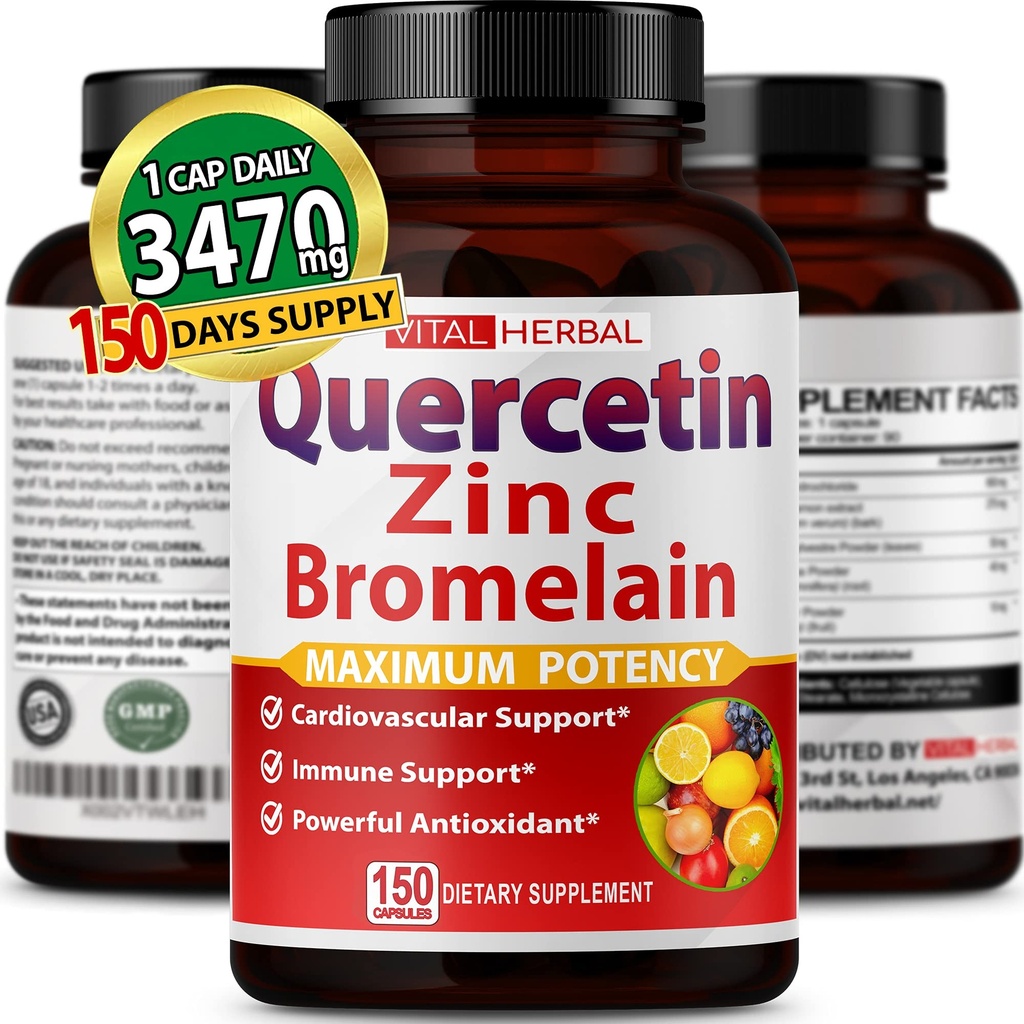 Premium Tinggi Kemurnian Quercetin 98% dengan Bromelain Capsules untuk Potensi Maksimum dengan Teh Hijau Ashwagandha - Mendukung Overall Health Energy - 150 Days Suppply