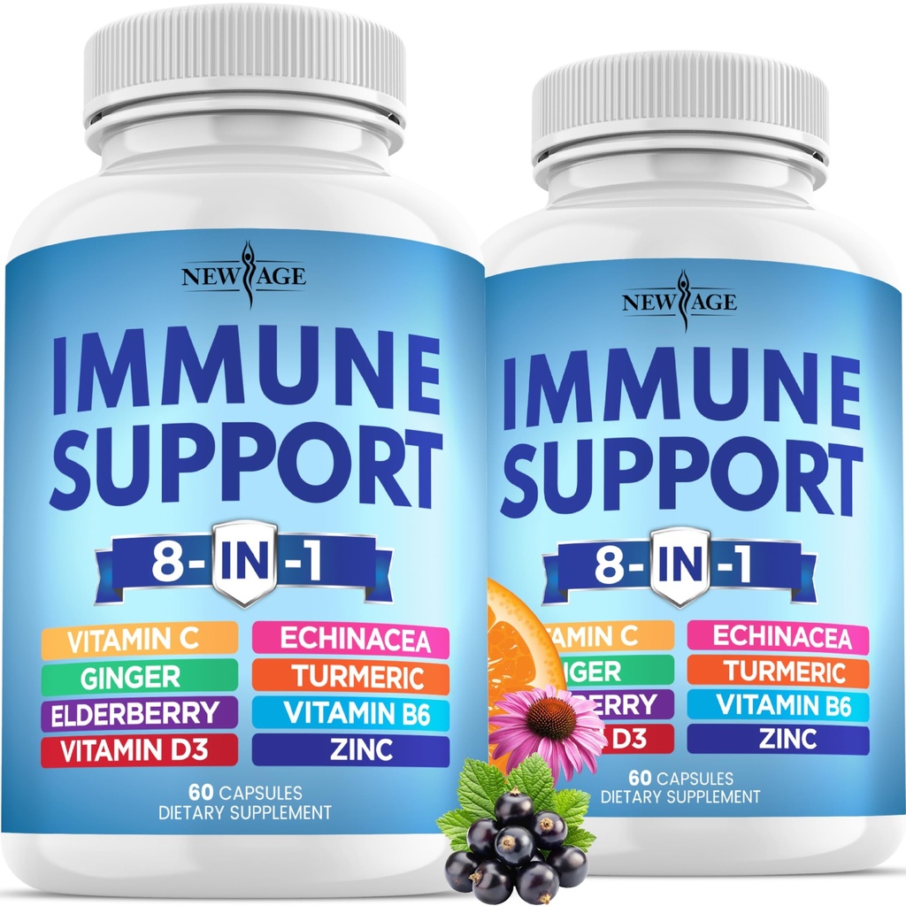 8 kali dalam 1 Imune Dukung Booster Tambahan dengan Echinacea, Vitamin C dan Zinc 50mg, Vitamin D 5000 IU, Turmeric Curcumin & Ginger, B6, Elderberry 120 Count (Paket 2)
