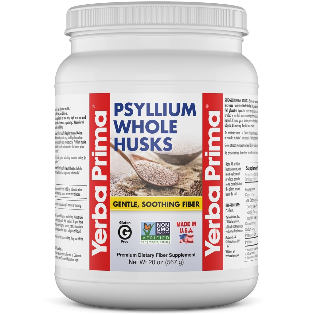 Yerba Prima Psyllium Whole Husks Fiber Supplement - Colon Cleanse - Gut Health - Vegan None-GMO Gluten Free - 20oz