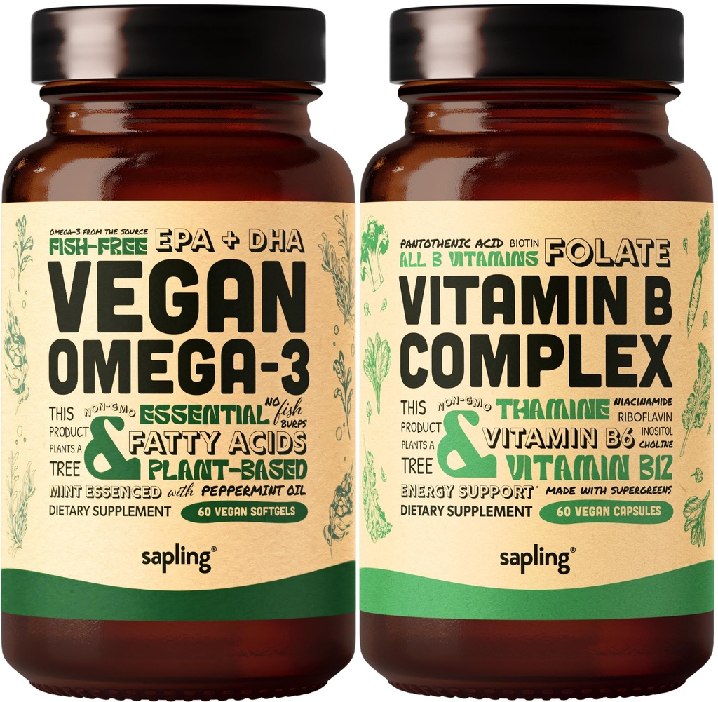 Vegan Omega 3 & Vegan Vitamin B Kompleks Bundle - Plant-Based DHA & EPA Fatty Acids, Escule B Vitamin with Whole Food B1, B2, B3, B5, B6, B7, Folate