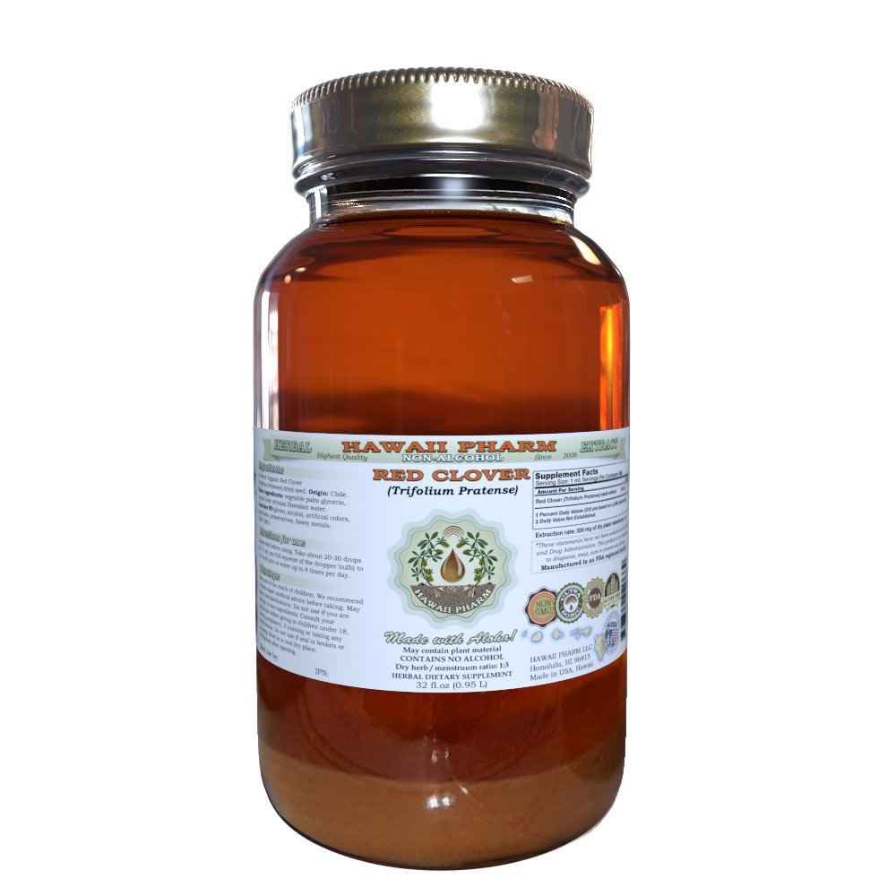 Red Clover Alcohol- Free Liquid Extract, Red Clover (Trifolium Practice) Benih Glycerite Natural Herbal Suplemen, Hawaii Pharm, USA 32 f.oz