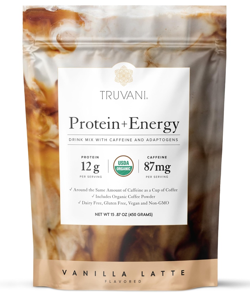 Truvani Protein + Energy Drink Mix dengan 87mg Caffeine 124; Vanilla Latte 124; 12g Organic Plant Based Protein 14; 20 Servings 12.4; USDA Organic Coffee Quoder & Adaptogens 124; Glurten & Dairy Free 124; Vegan 1244; Non-GMO
