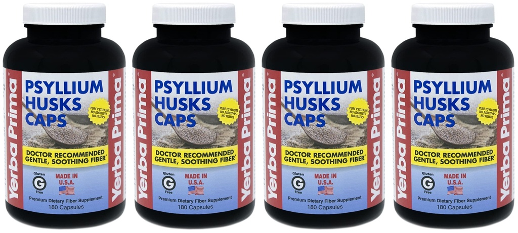 Yerba Prima Psyllium Husks Caps - 180 caps (Paket 4) - Suplemen Serat Alami - Non-GMO Gluten Bebas
