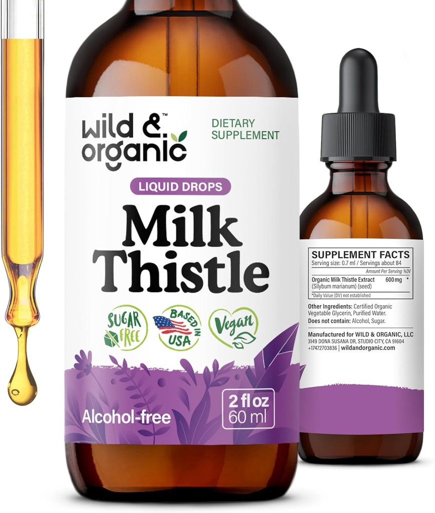 Wild & Organic Milk Thistle Extract Drops - Liver Cleanse - Milk Thistle Liver Detox Taincture - Silymarin Sulybum Marianum Seeds - Vegan, Sugar & Alcohol- Free - 2 fl oz
