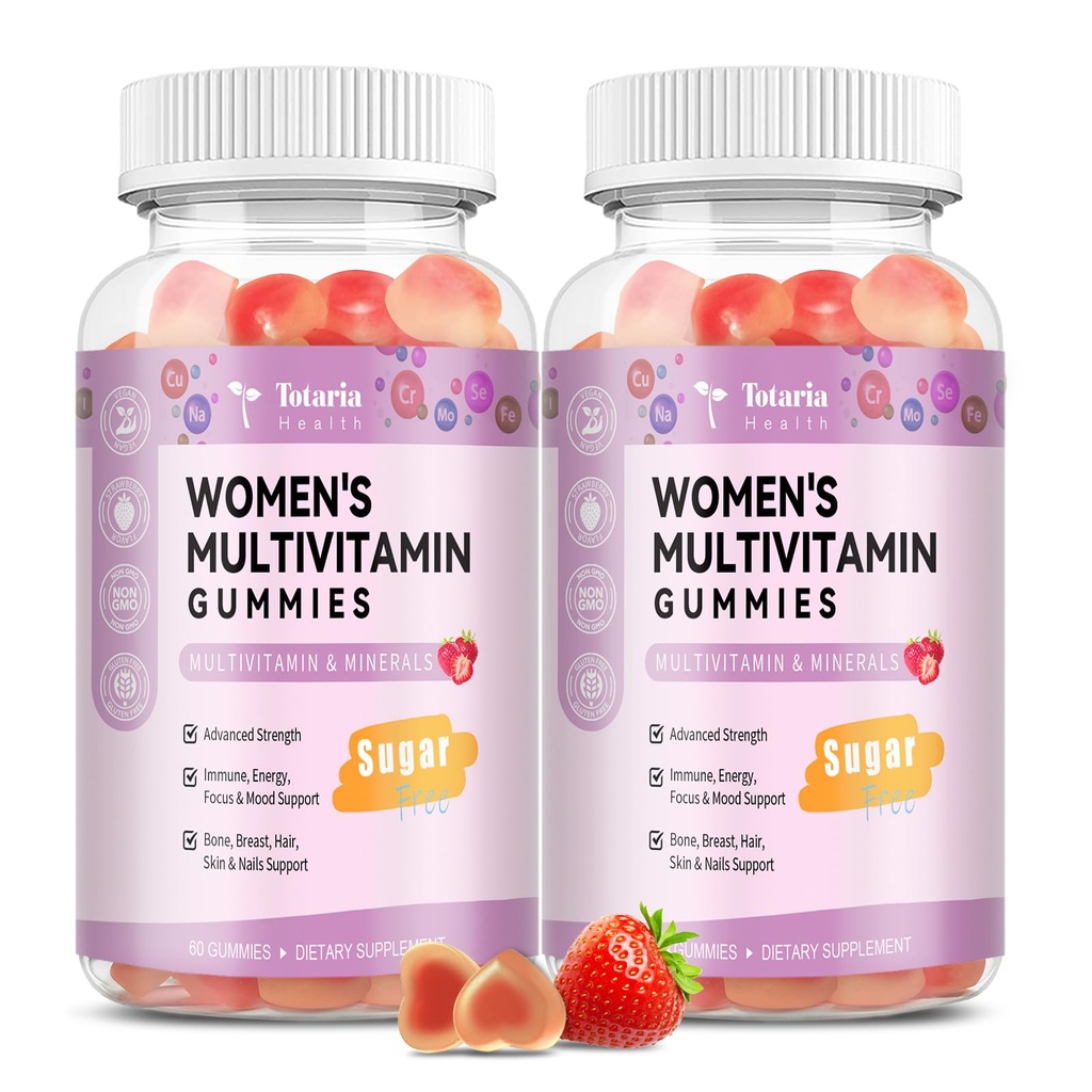 Totaria Sugar Free Multivitamin Gummies for Women 14 + w / Inositol, Iron, Folate, Biotin, Women Daily Multivitamin Gummy w / Vitamin A, D, C, B, Dukung Rambut, Skin, Energy, Imune, Strawberry Flavor