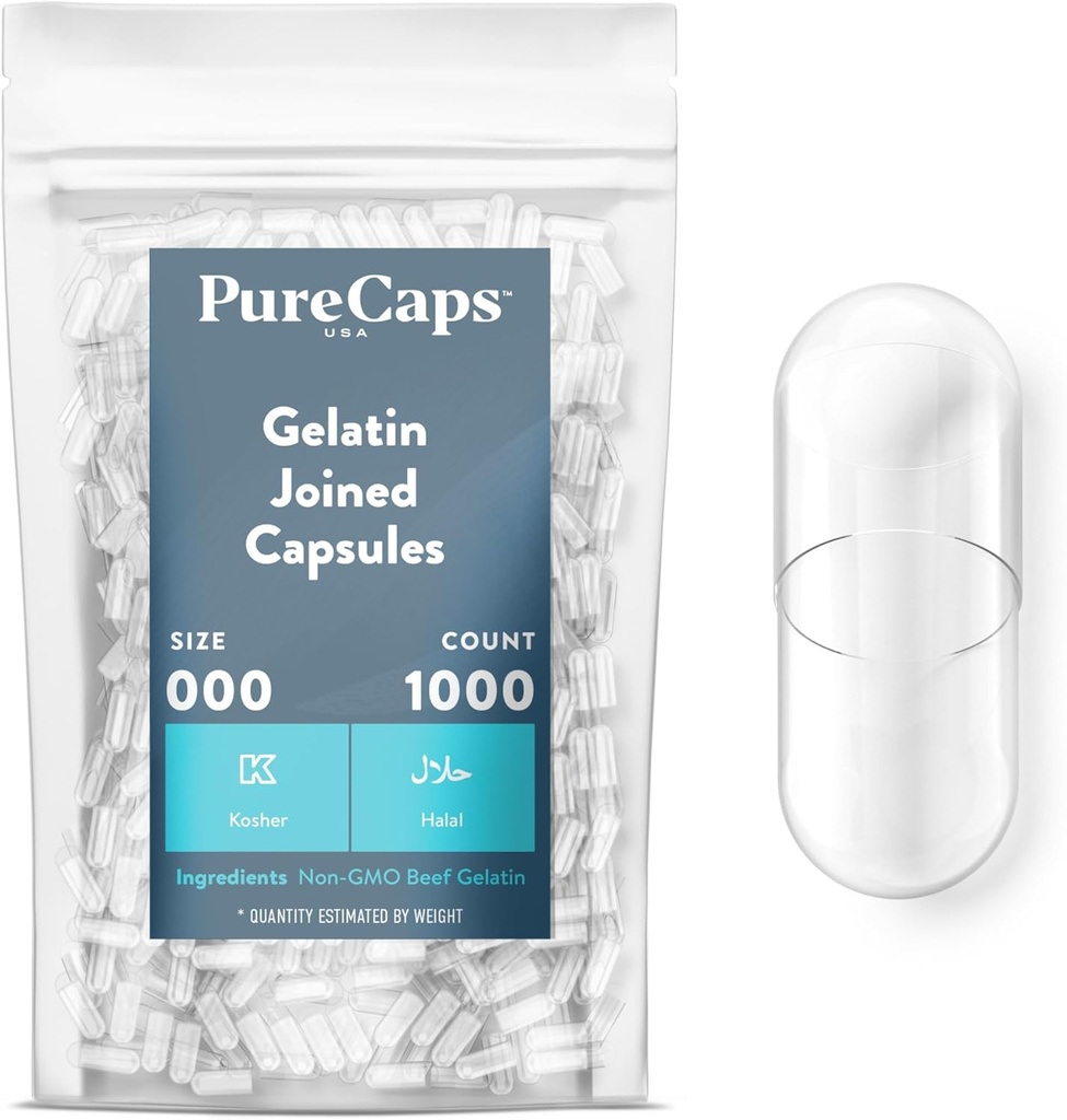 PureCaps AS - Kosong Geltin Pill Kapsules Ukuran 000 12.4; 1.000 Pills Joined = = Pills 124; Clear 124; Non-GMO Bersertifikat 124; SLS, Gluten, Preservative Free