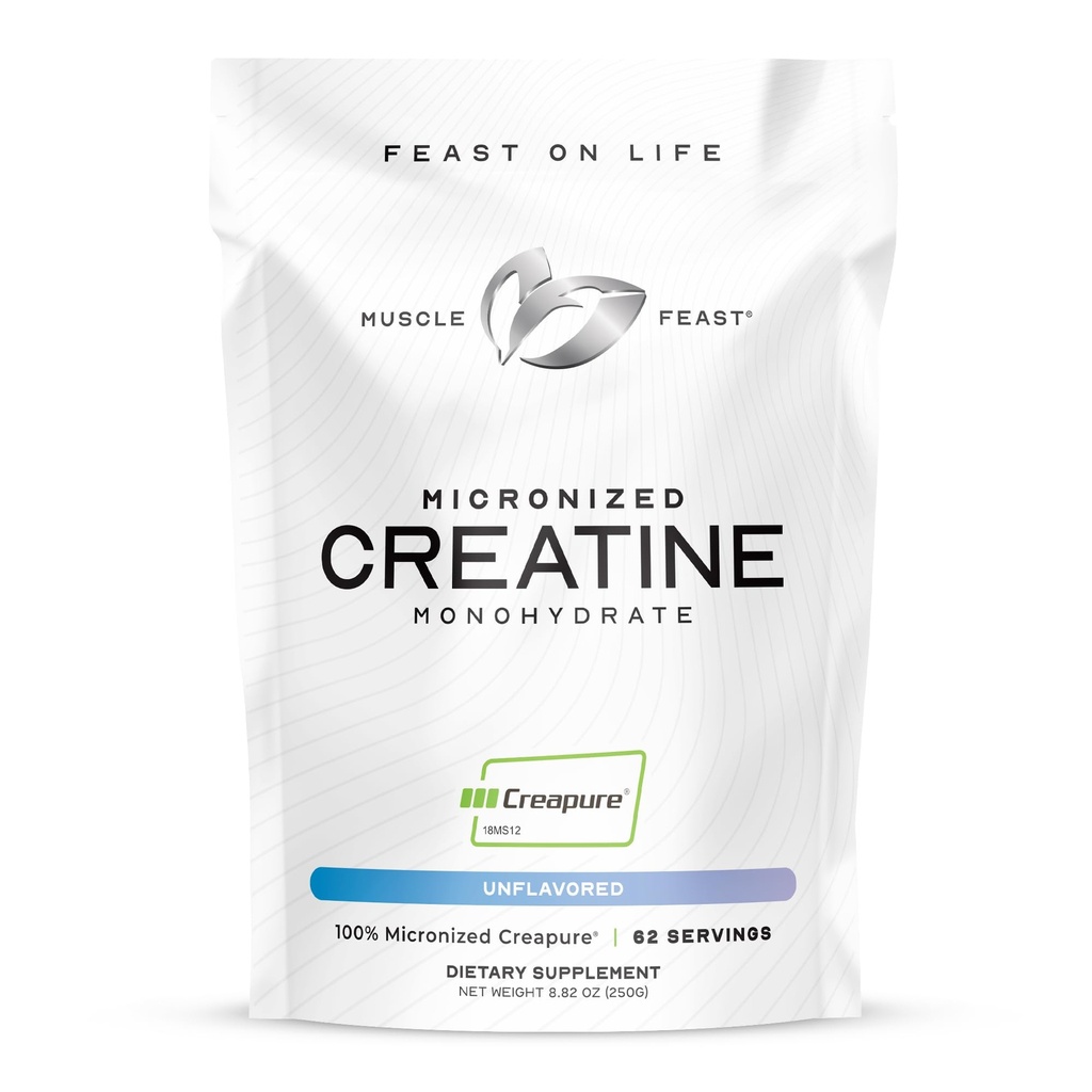 Muscle Feast Creapure - Micronized Creartine Monohydrate Powder 12.4; Premium Pre-Workout atau Post- Workout 124; Creaktine for Women & Men 124; Easy to Mix, Vegan, Gluten- Free, Safe and Pure (Unflashed, 250g)