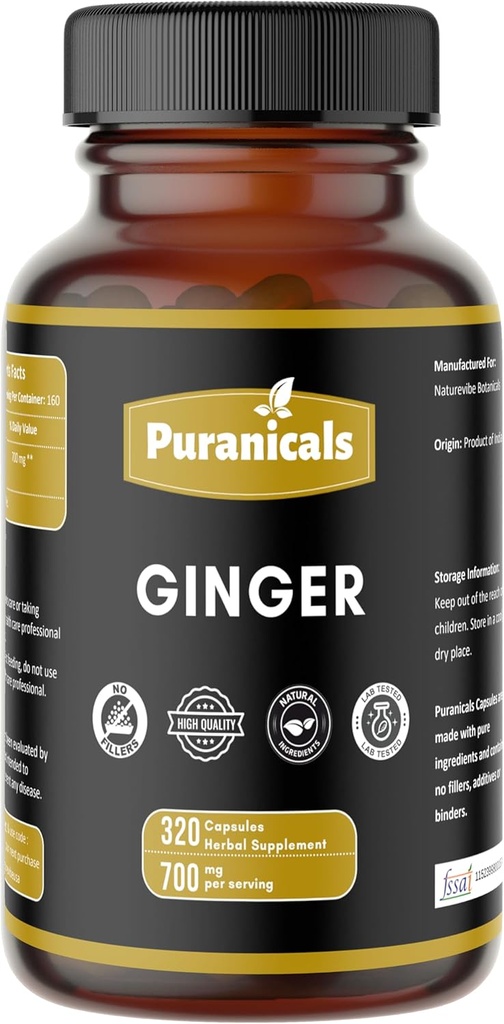 Ginger Premium 320 Capsules Non GMO dan Gluten Free Scruten 124; Herbal Supplement 12.4; 700 mg Per Serving 124; Dibuat dengan 100% Pure Ginger Root Powder
