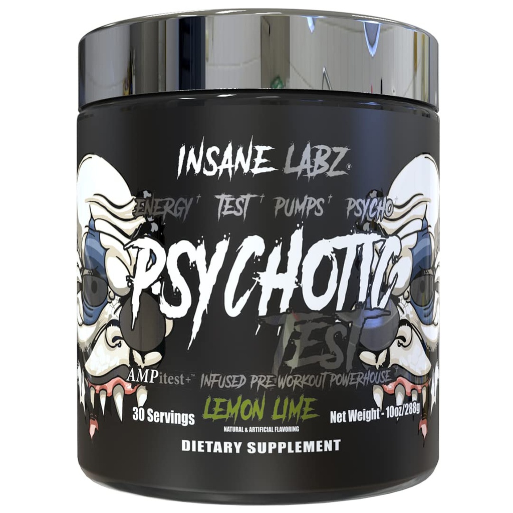 Tes Gila Labz Psychotic, Testosteron Tinggi Stim Testosteron Energi dan Pompa Boosting Pre- Powder Workout dengan DMAE Bitartway, D Aspartic Acid, Cretine HCL dan Glycerol Monostearate, 30 Hamba, Lemon Lime