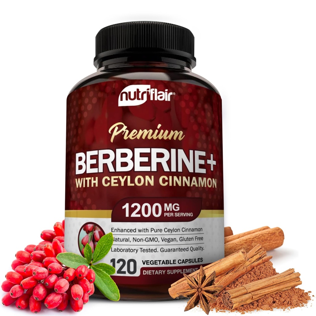 NutriFlair Premium Berberine HCL 1200 mg, 120 Capsules - Plus Pure True Ceylon Cinnamon, Support Root HCI Berberine - Imune System - menghasilkan Optimal 8% HCI