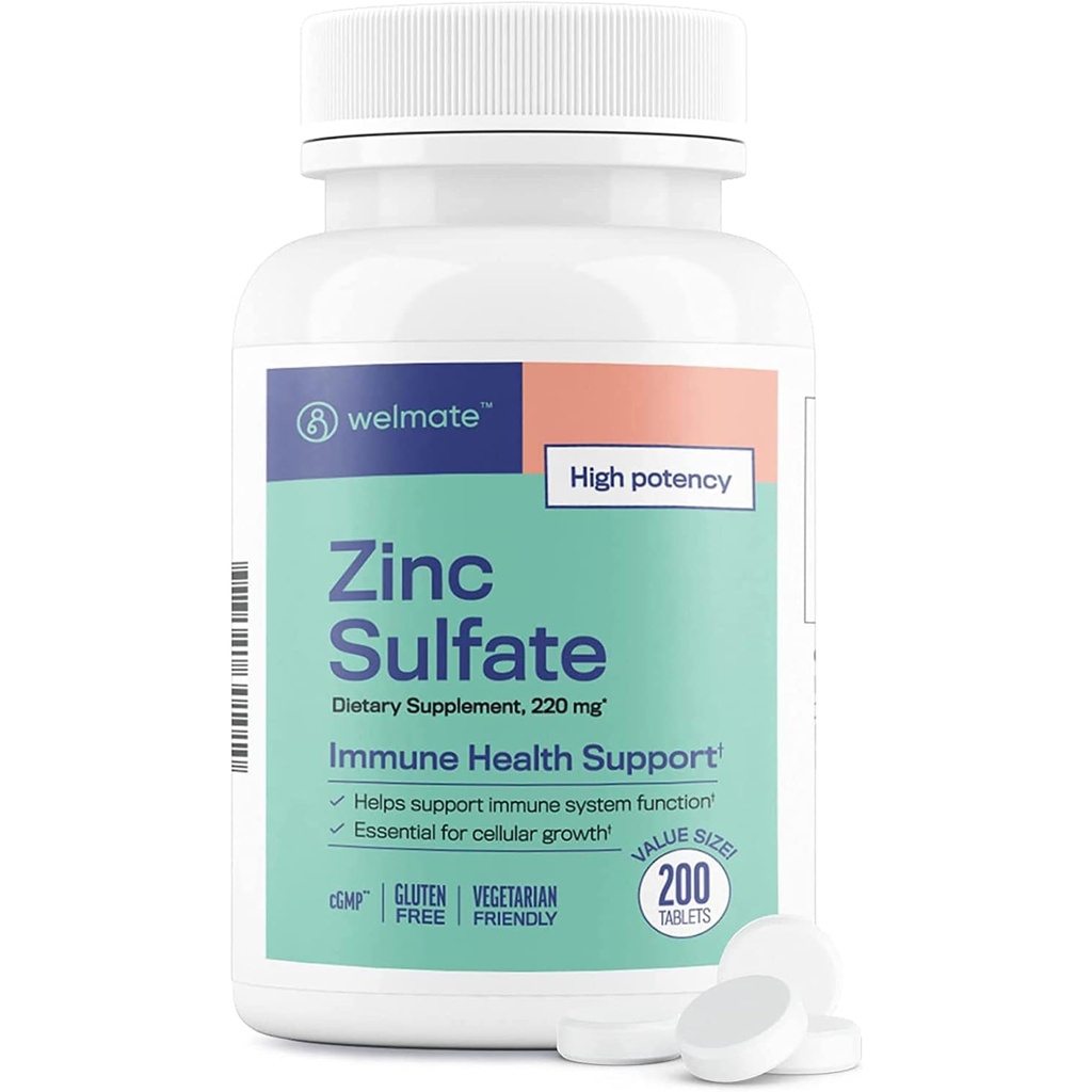 WELMATE Zinc Sulfate 220mg 124; Dietary Suplement Dallates Health Support 124; 200 Count Tablets