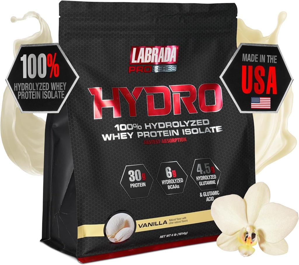 Hidro LABRADA 100% Murni Hydrolyzed Whey Protein Isolator, Laktosa Free, Glutamine, Tercepat Disempt Whey Tersedia, Instant Mixing, Delicious Taste 48 Servilla (Vanilla)