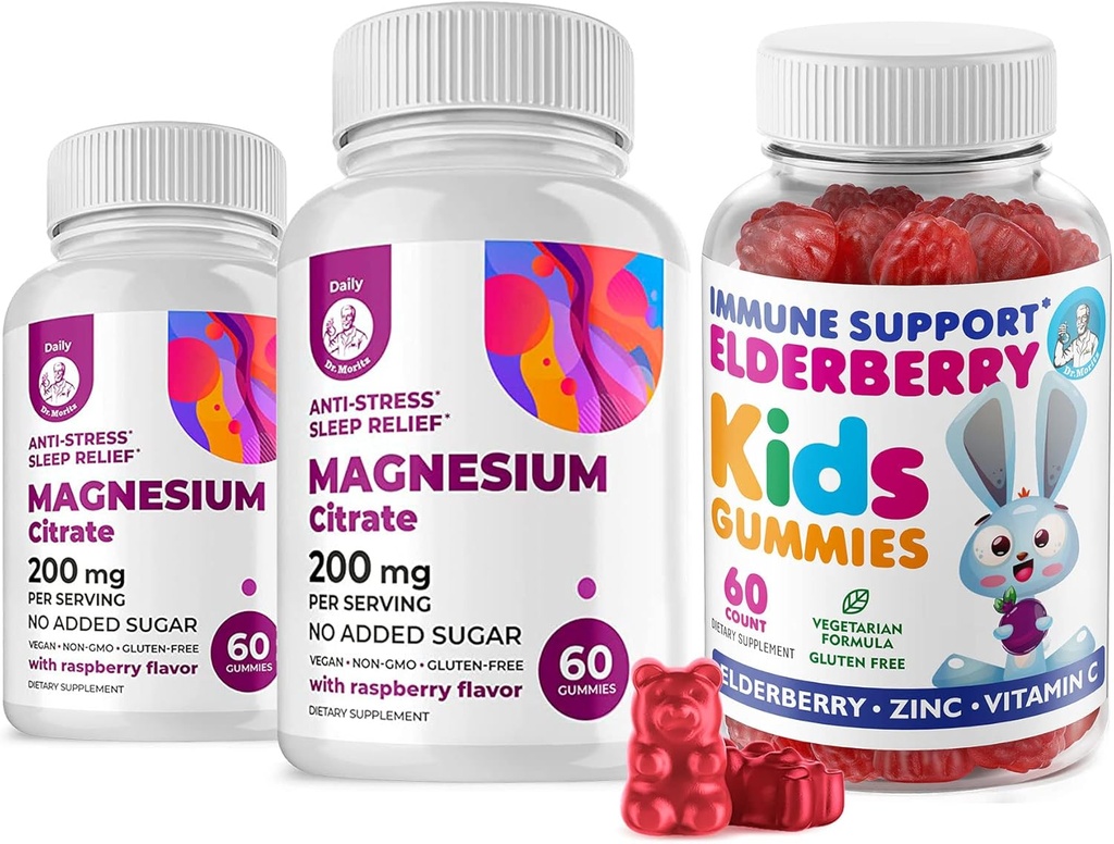 Elderberry Gummies for Kids and Magnesium 200 mg Gummies Sugar- Free - Healthy System Booster and Health Dupport with Elderberry Extract with Magnesium Calm Chews for Kids & Adults Sugar- Free