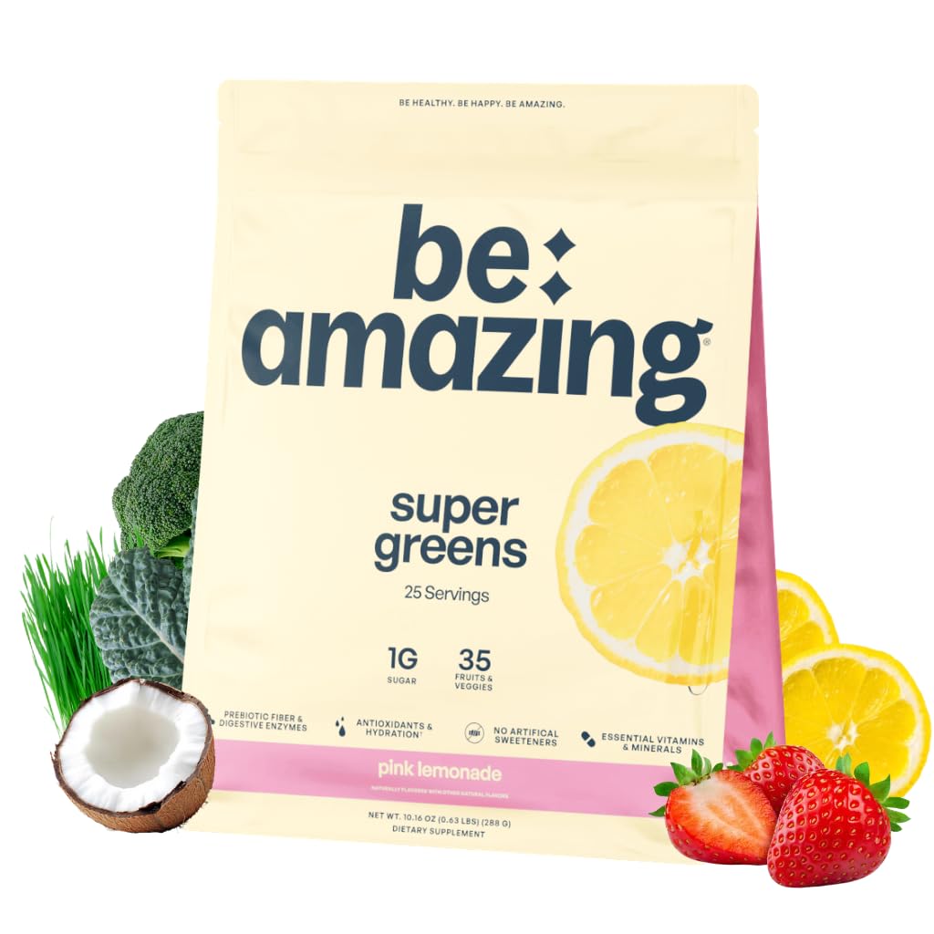 BE AMAZING Super Greens Powder with Precipia, Digetical Enzymes & Antioxidants, 35 Fruits & Vegies, Electrolites & Fiber, Vegan, Gluten Free Juice & Smoothie Mix, Pink Lemonade, 25 Pelayan