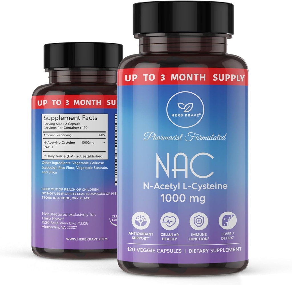 Tambahan NAC N- Acetyl Cysteine 1000 mg, Amino Acid, Antioksidan Alam, Dukungan untuk Liver, Lung, Imune System, Fertilitas 124; 120 N-Acetyl- L- Cysteine Capsule