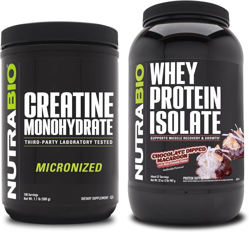 NutraBio Creatine Monohydrate, Unfeatored, 500g dan Whey Protein Isolate, Chocolate Dipped Macaroon, Suplemen Bundle - Energi Otot Lean, Pertumbuhan Otot, Pemulihan, dan Kekuatan
