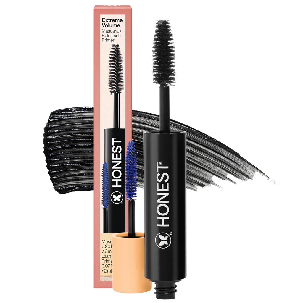 Kecantikan Jujur 2-in- 1 Volume Ekstrim Clean Mascara + Bold Lash Primer dengan Castor Oil 124; Maksimum Volume + Curl 14; Vegan + Safe for Sensitive Eyes 124; Black, .27 fl oz