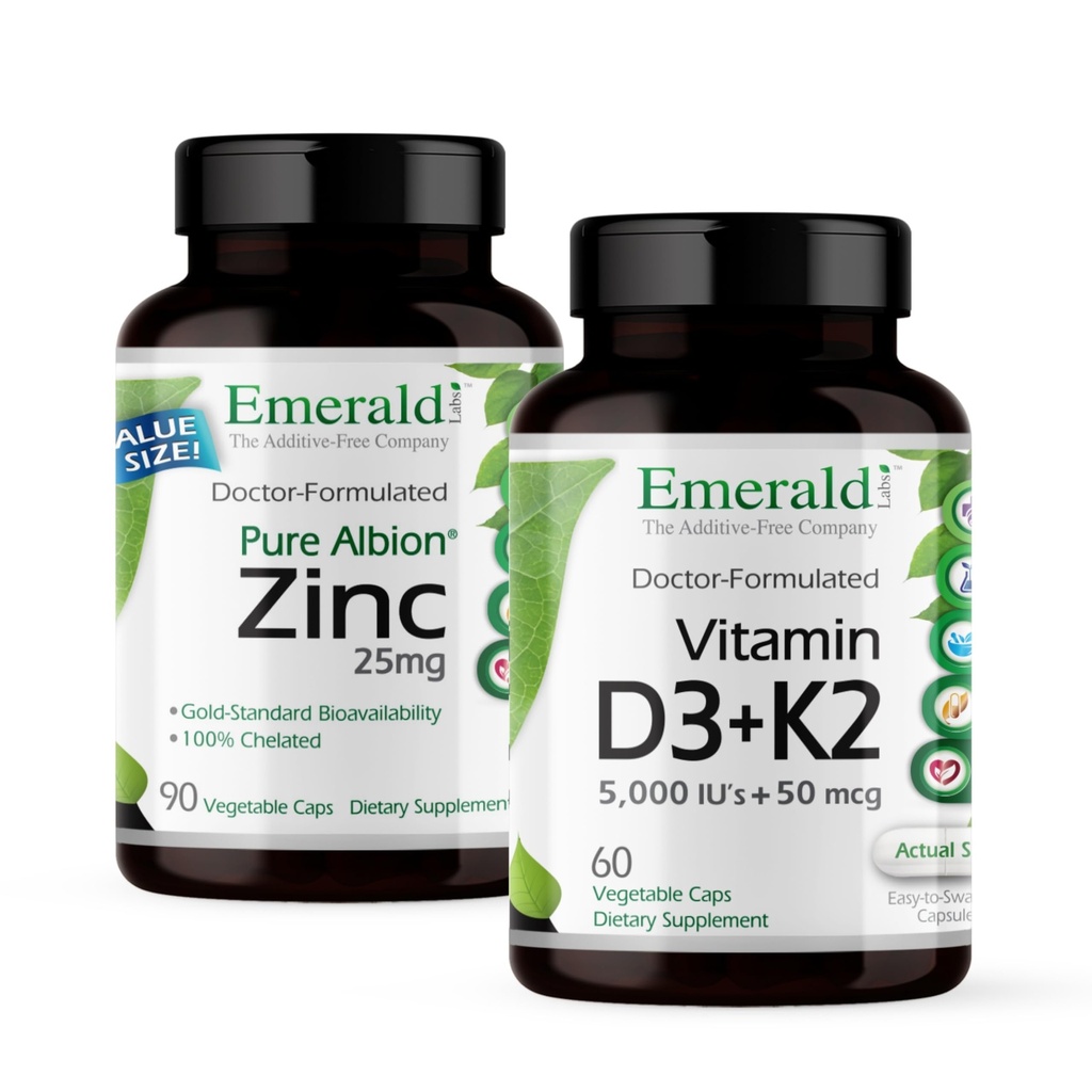 EMERALD LABS Vitamin D3 + K2 (60 Caps) & Zinc 25mg (90 Caps)