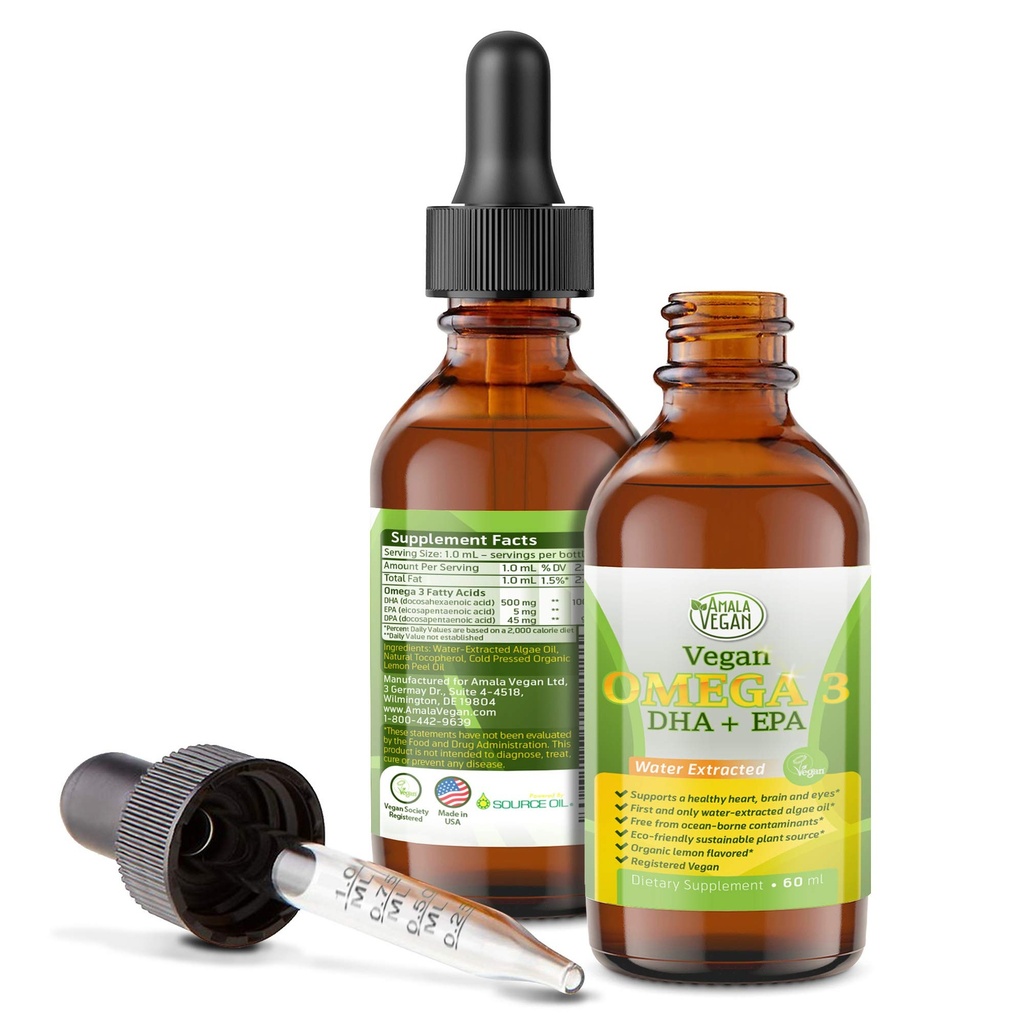 Sengaja & Vegan Omega 3 Liquid Suplemen: Tanaman Berdasarkan Air Diekstrak Alga Oil- DHA EPA DPA Fatty Acids- Non GMO- Pendukung Kebal, Hati, Otak & Gabungan Kesehatan - 60 Doses