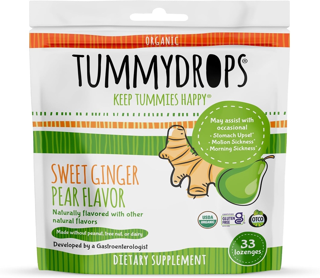 USDA Organic Sweet Pear Tummydrops, Gluten Free & Vegan. 33 Individually Wrapped Organic Ginger Lozenges dalam Tas Yang Terselamatkan.