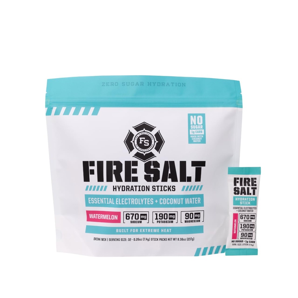 Fire Science Fire Salt Hydration Sticks, Electrolytes & Coconut Water, Hidration Drink with Magnesium, Potasium & Sodium, Zero Sugar, Single Serve On The Go Packs, Watermelon Flavor, 32 Count