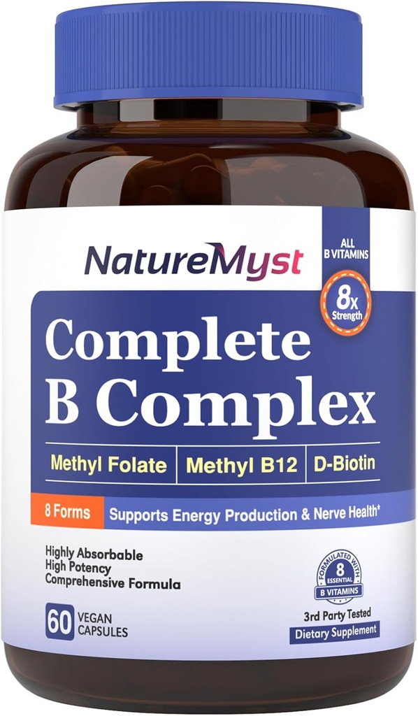 Kompleks B Lengkap, Semua 8 B Vitamin, Metil B12, Metil Folate, Biotin, P-5-P, Sangat Absorbable, Produksi Energi, 60 Vegan Caps