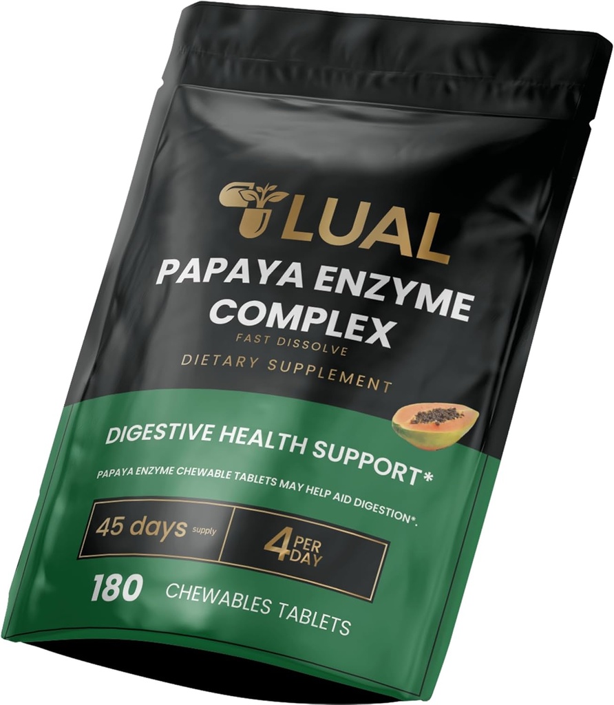 LUAL Papaya Enzyme Complex - Tablets Dapat Disable dengan Papain, Bromelain & Digetical Enzymes - Mendukung Penyimpangan & NUtrient Absorpsi - Alami Papiya Flavor - 180 Cacah