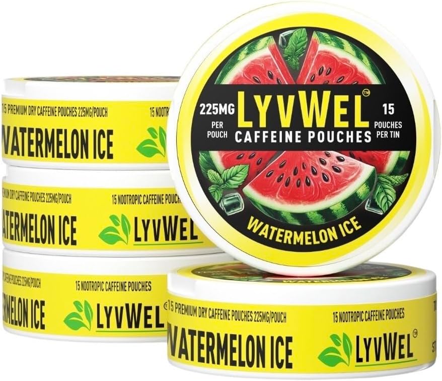 LyvWel 225mg Caffeine Energy Pouches - Watermelon Ice 5-Pack (75 Pouches) - Menyegarkan Energi & Fokus - Guarana- Enhanced Clean Boost for Workents & Grind