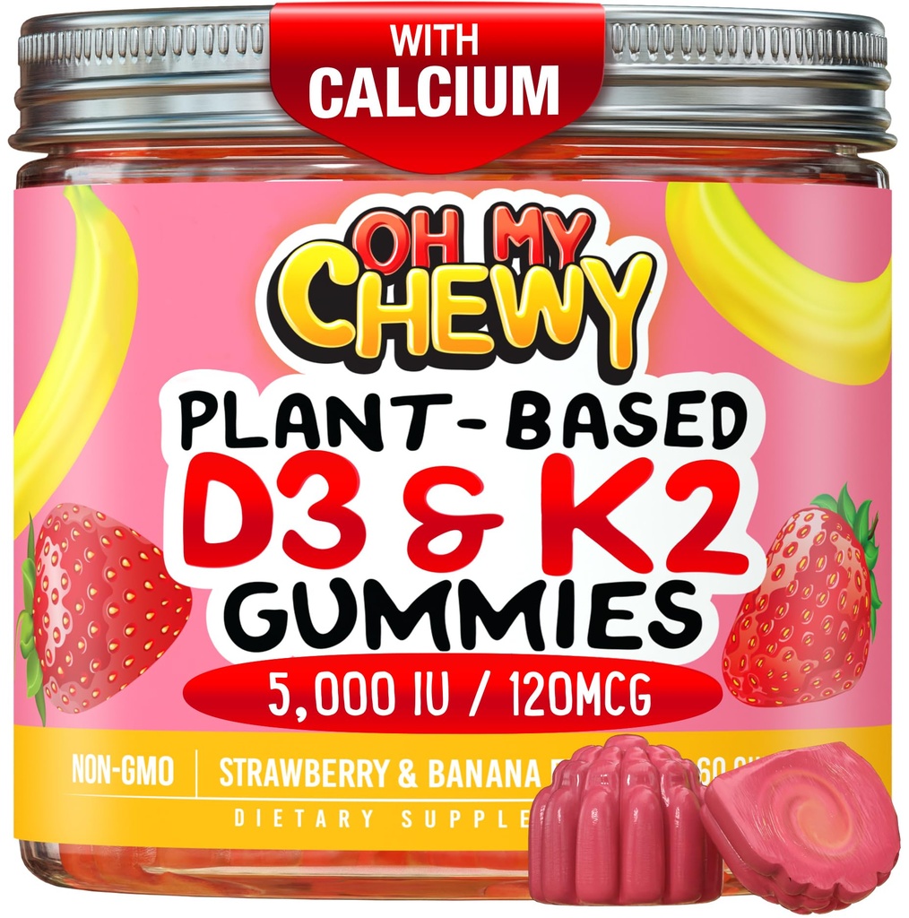 Center- Vitamin D3 K2 Gummies - Anak-anak, Teens & Dewasa - Tambahan Gigi Sehat, Bone, Energi & Imunitas - 5000 IU D3, 120 mcg K2 (MK-7), 120 mg Calcium - Vegan & Non-GMO - 120 Count