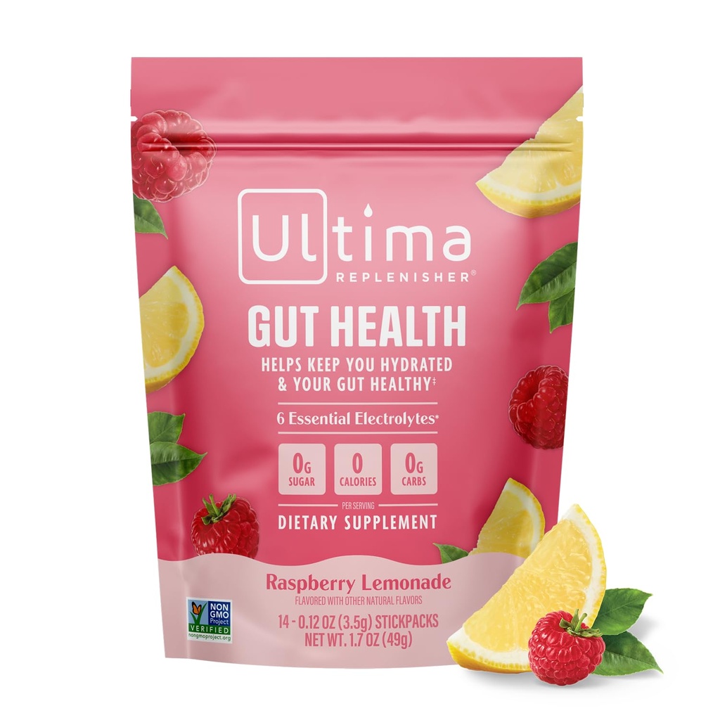 Ultima Replenisher Gut Health Supplement and Electrolytes Powder - Raspberry Lemonade, 14 Stickbags - Paket Hidration dengan Added Gut Health Benesuits
